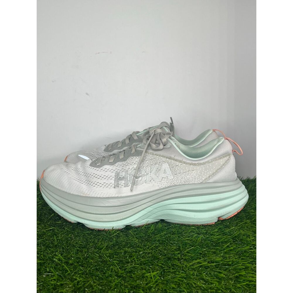 HOKA Bondi 8 Women’s Running Shoes White Gray Peach Size US 9.5 B EU 42 Walking